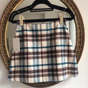 Aritzia Wilfred a-line Classic Mini Skirt in brown and blue plaid